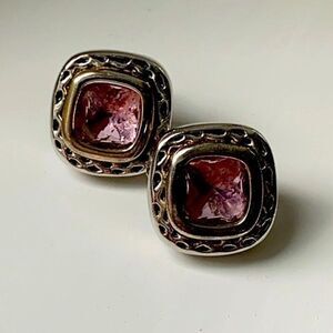 Pair of Balinese Style Faux Morganite Square Chunky Pink Gem Earrings